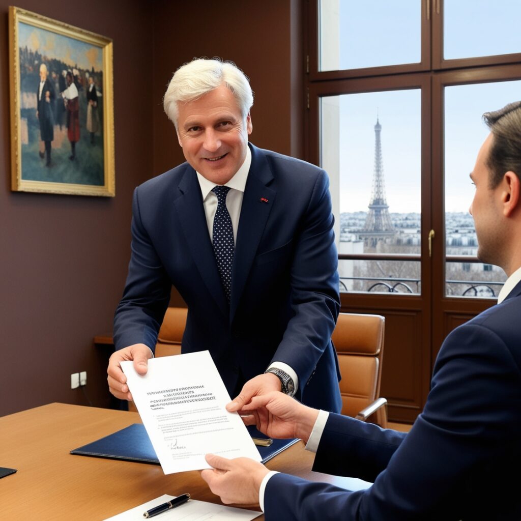 Un homme tendant une lettre de rupture conventionnelle à un salarié